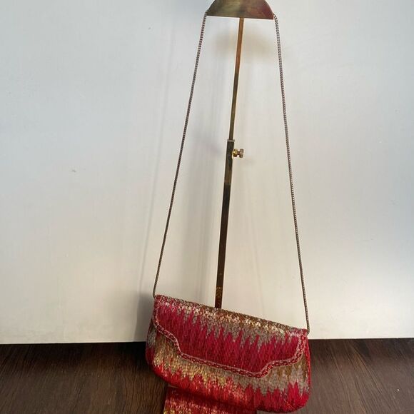 Vintage Handbags - Vintage Delill Red Gold Beaded Mini Clutch Crossbody